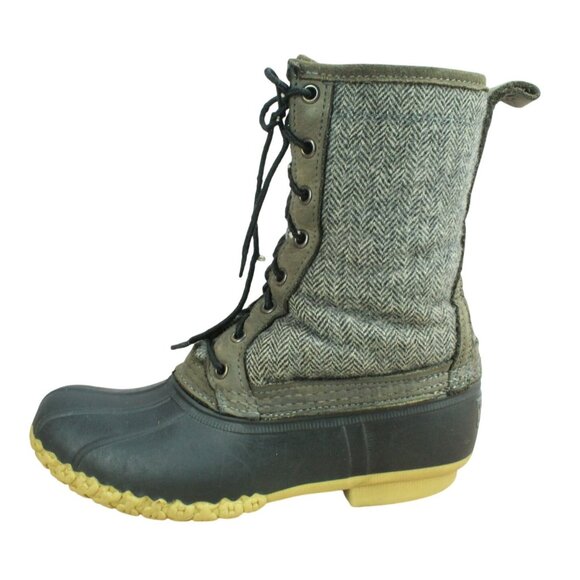 LL Bean Herringbone Gray Canvas Shearling Lined Mid Calf Duck Boots Size 7 M - Picture 1 of 10